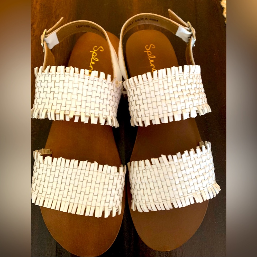 Women white woven adjustable strap, round toe, block heel buckle leather sandals